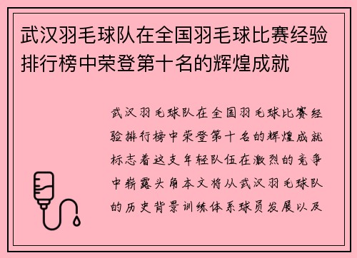 武汉羽毛球队在全国羽毛球比赛经验排行榜中荣登第十名的辉煌成就