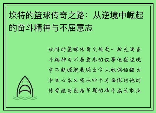 坎特的篮球传奇之路：从逆境中崛起的奋斗精神与不屈意志